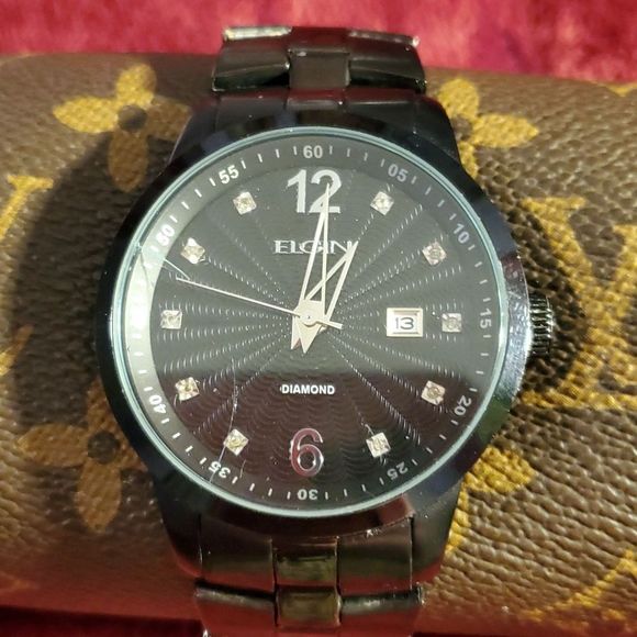 Elgin Men's Black Bracelet Watch FG7084 Date Window‎ Diamond Numbers Read Please - Picture 1 of 8